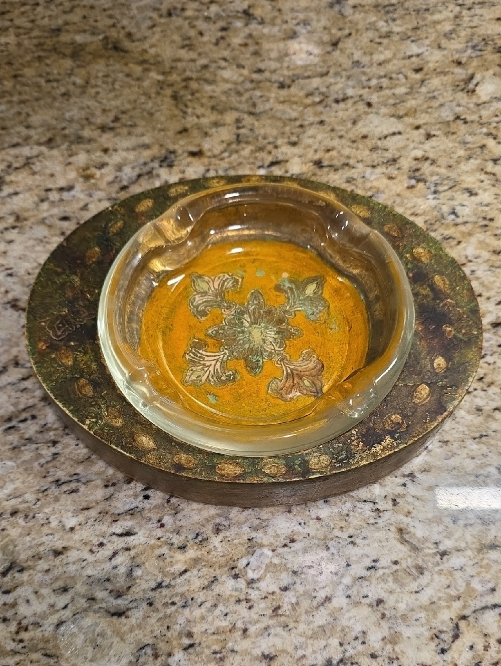Vintage Florentine Ashtray w/Glass Insert Floral Pattern Florentia in Italy